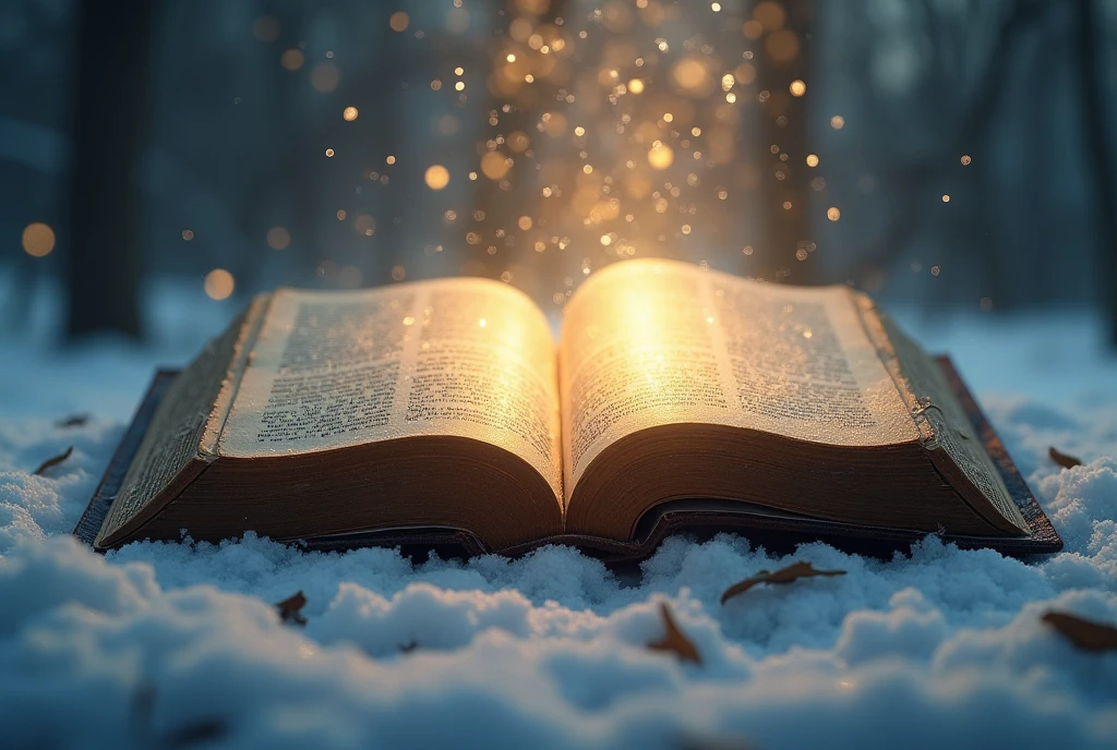 Bible open with divine light and background back time snowing