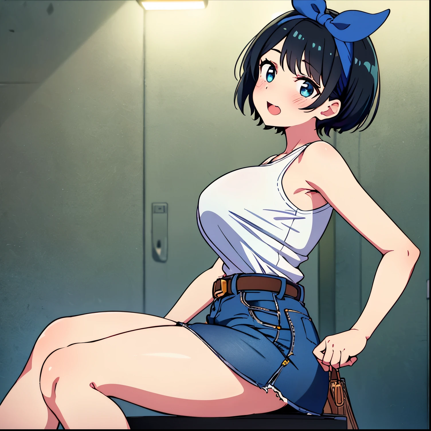 1girl, alone, ruka sarashina, main piece, high quality, high resolution, jewelry, black skirt, a woman with dark hair, short hair, black hair, yellow t-shirt, blue bow, tank top, dropped shoulders, denim shorts , belt, sitting, Indian style, laugh, open mouth, blushing, head tilt, drunk, can, beer can, zipper can, interior, Japanese apartment, , bow, bow, blue hair band, bangs, big full breasts, medium waist, medium hips, wide thighs, round butt, cowboy photo, smile, seductive, embarrassed, dynamic pose, sexy body, detailed, detailed face, standing, looking at viewer, looking back, from below, focus on the ass:1.3, point of view (from below), perfect anatomy perfect hands