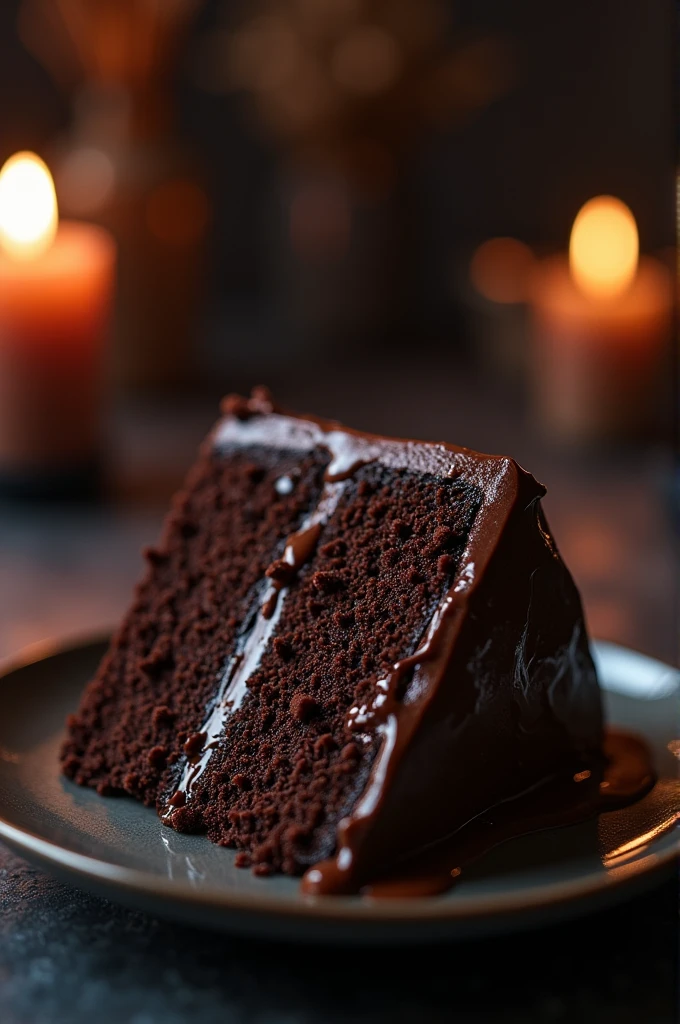 Chocolate cinematic movie scene, bolo de chocolate, darkness background, quality photo, Wet texture, penthouse, studio photo, slice. shallow depth of field, vignettes, highly detailed, high budget, bokeh, cinemascope, temperamental, epic, comely, film grain, grainy.