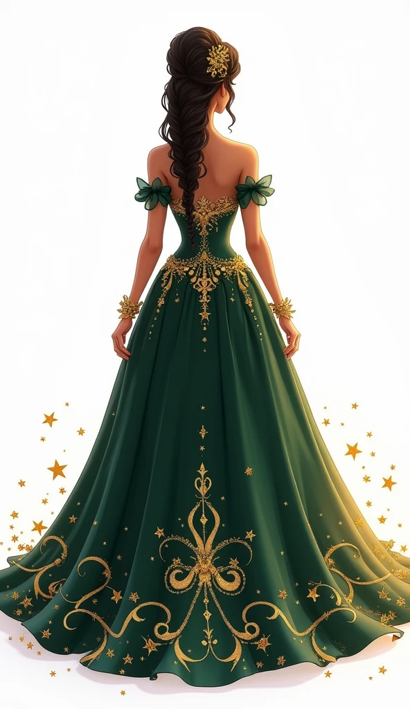 Create on a white background, Animated illustration of a quinceañera from behind, wearing an elaborate fantasy-themed costume, with gold stars and swirling patterns. Your clothing should resemble your real appearance., predominantly dark green, with intricate gold embellishments. The costume should feature rich and heavenly patterns., with a bare upper back and shoulders. The overall aesthetic should be magical and majestic., making the quinceañera look like a character from a fantasy kingdom. A very beautiful and golden hook, She is holding her hair. I don't want him to have a crown.