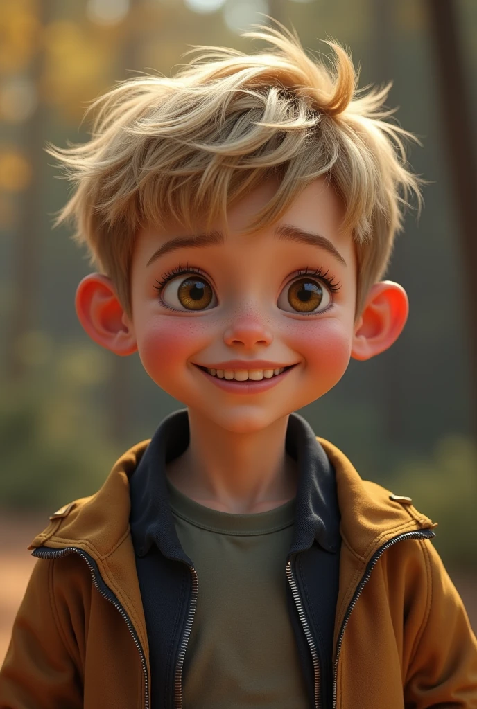1 boy wearing bomber jacket,realistic portrait,beautiful detailed eyes,beautiful detailed lips,extremely detailed face and skin,blonde messy hair,brown eyes,cheerful expression,normal ears,(best quality,4k,8k,highres,masterpiece:1.2),ultra-detailed,(realistic,photorealistic,photo-realistic:1.37),cinematic lighting,natural color tones,cinematic composition