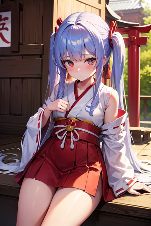 A girl in a shrine maiden's outfit, black hair, calm expression, a shrine in the middle of the night, many charms, darkness, a large torii gate, chest, fog, bell