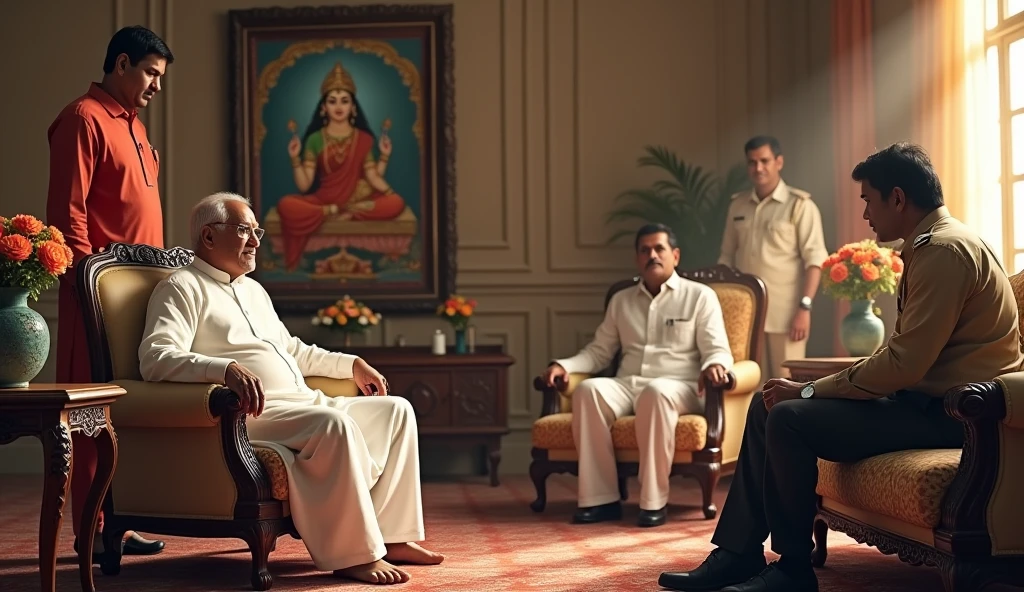 Setting: The room has classic wooden furniture with ornate designs, including two cream-colored armchairs and a matching sofa with decorative cushions. The walls feature traditional Indian decor, such as a large, framed religious painting of a Hindu deity (possibly Lakshmi) placed on an intricately carved wooden frame or altar. A few flower vases are arranged on the side tables and the coffee table in the center.
People:
Seated Man in White: An older man dressed in white traditional Indian clothing (possibly a kurta and pajama) is seated comfortably on the armchair, appearing thoughtful or in conversation.
Standing Man in Red: A middle-aged man wearing a red shirt stands behind the seated man, with his hand resting on the chair, seemingly engaged in the conversation or overseeing the discussion.
Police Officer: A man in a police uniform is seated on a sofa across from them, looking engaged or attentive, likely listening or speaking to the others.
Two Men in the Background: Two other men, dressed in casual clothing, are standing in the background near the wall, one with crossed arms and the other holding something (possibly a camera or equipment).
Lighting: The room is softly lit, creating a warm ambiance, with light streaming in from the top right, casting shadows and adding a dramatic feel to the scene.
The scene suggests a serious or formal discussion, potentially involving authority or investigation, given the presence of a police officer. Realistic, intricate details, vibrant colours. Image has to be realistic.