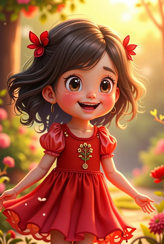 A child dressed in a red dress, happy, glad 