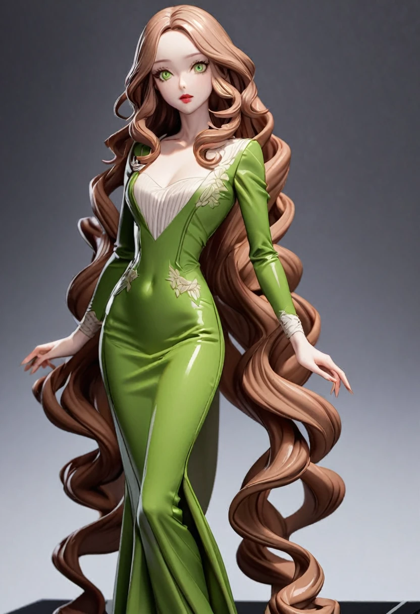 1 garota, light brown, wavy hair that falls to the shoulders. Your eyes are green, with a curious and expressive look. She has fair skin and wears light makeup., highlighting your eyes and lips. His figure is slender, with subtle curves that she likes to highlight with elegant and feminine clothes