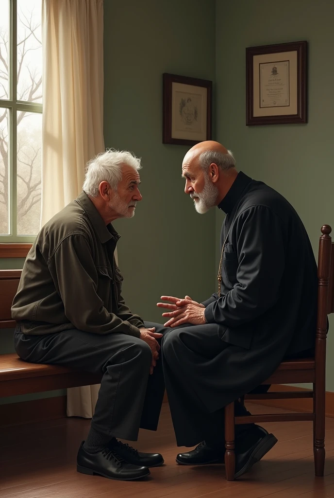 Elderly man sitting on a bench in a nursing home talking to a priest, the priest is not bald