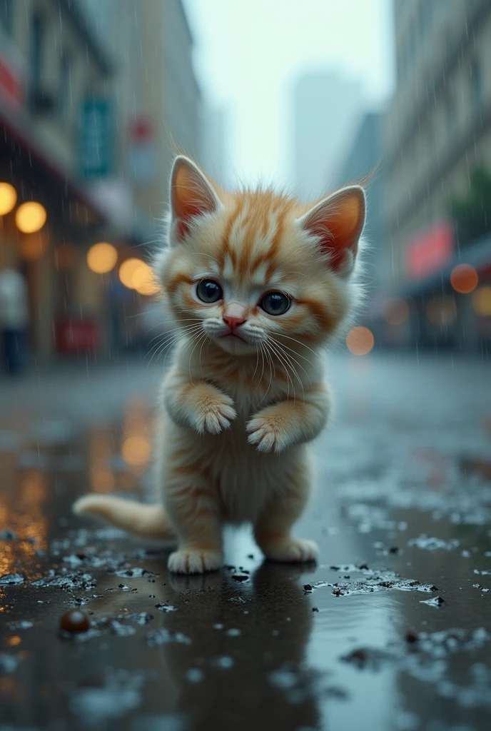 Cute close-up of a kitten lost in the city., Overcast (rain: 1.3), (Kinetics: 1.2), complicated details, ((A cat is walking along the roadside.)) ,Two-legged standing,Sad eyes., Tears flowing,Cry