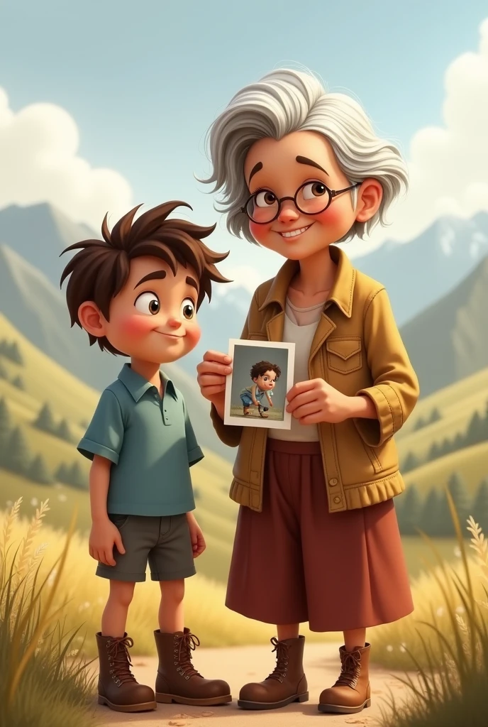 boy with light blue shirt, shorts and boots next to his grandmother showing a photo of a grandmother on a plain with mountains and hills
