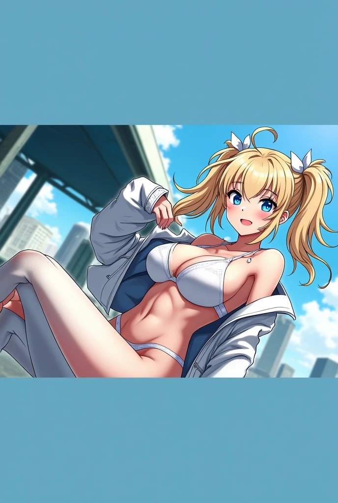 (Big Tits Girls), alone, (Unexpected expressions)(Open your mouth, (White jacket), pink(Play sports often), (Covered nipples), Slim and narrow waist, Naked lower body, Small waist, Only the waist, (The vulva is visible(labia)(Erect clitoris)Urethra,(Pussy juice)Trickling, (Blonde)bread(Twin tails), White ribbon, Big eyes, blue eyes, Sunny big city