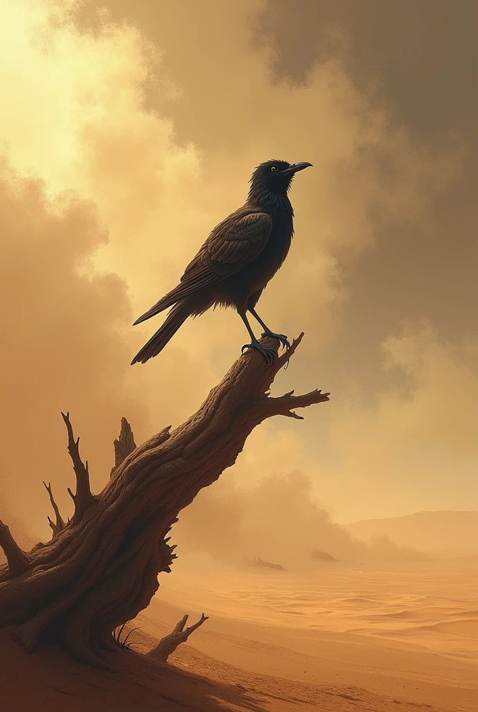 Bird on tree branch in desert storm