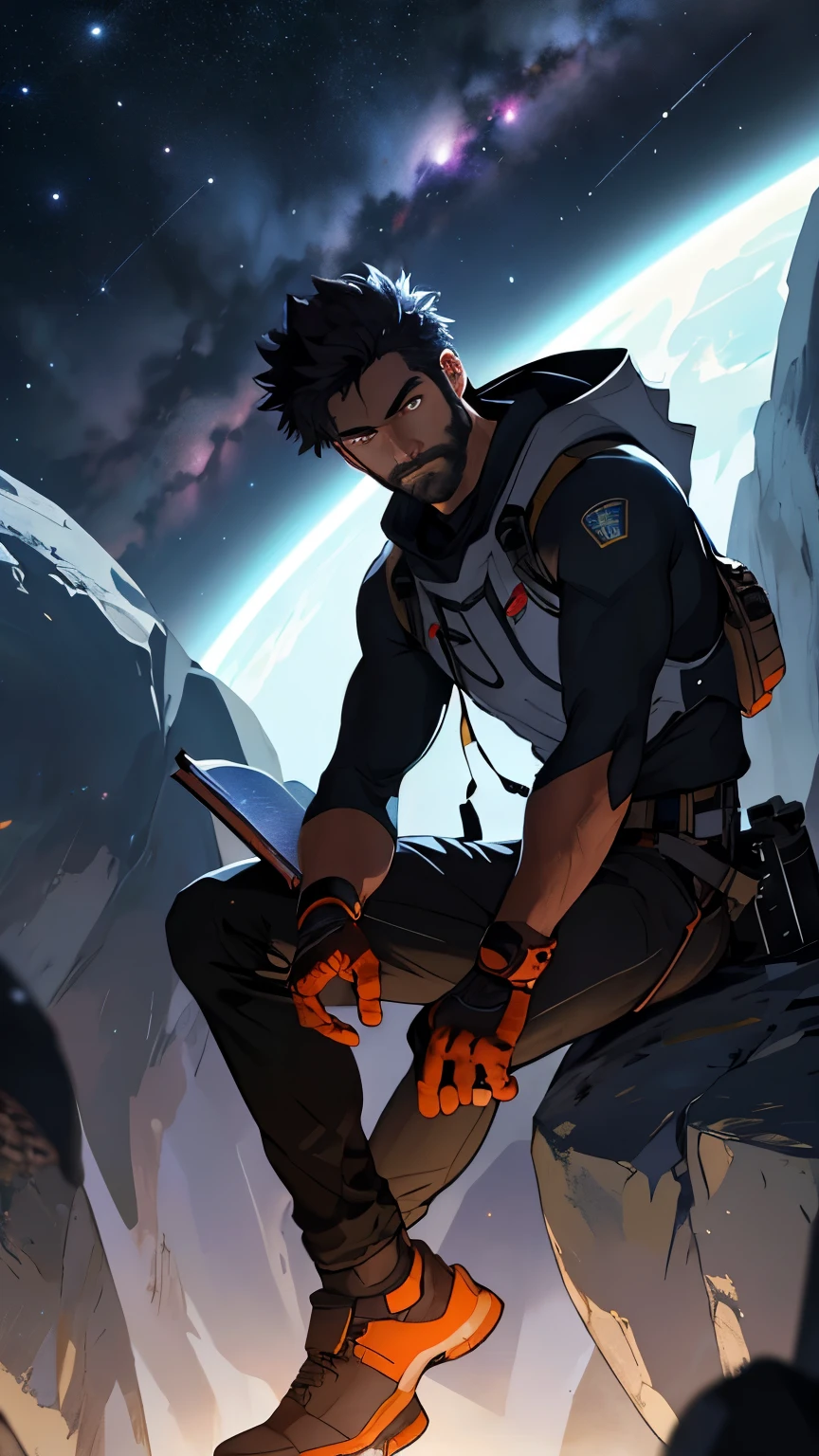 Draw a young programmer, sitting on a research platform floating in the middle of an asteroid belt. He is studying with a notebook, surrounded by several asteroids glowing with fiery auras. Dramatic lighting from distant stars and planets illuminates the scene, casting deep shadows on the suit. The young man looks confident and determined, looking at the vast and mysterious universe with wonder and respect,facial hair, cowboy shot,