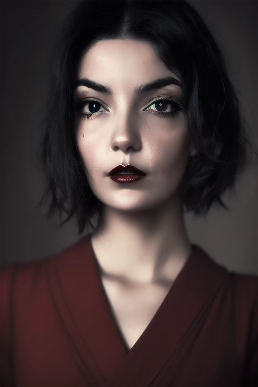 Photo noire et blanc, film noir style, Maginifique, young woman, (lip length short hair), demi-corps, Dramatic lighting, (sepia), high contrast, ombres dramatiques, 20s style, Mysterious, cinematic, Bright red lips (((Only lips red))), (looking at viewer),
