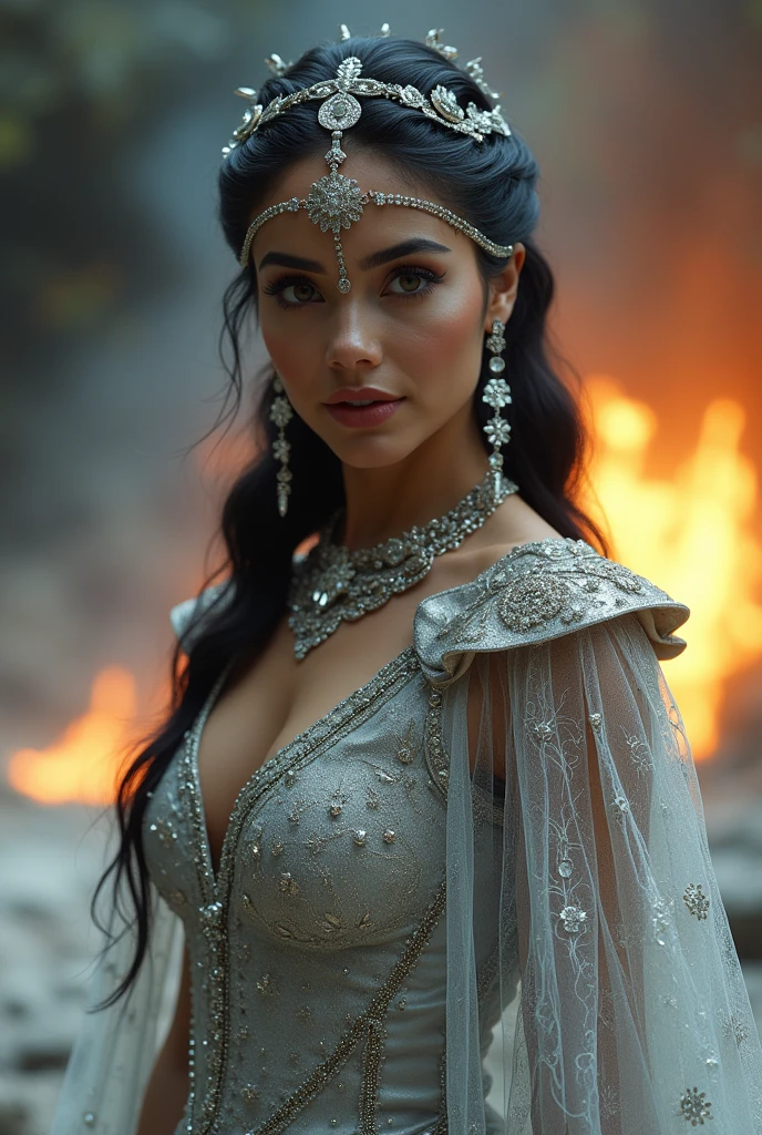 A Maria Elena Velasco Mexican actress and comedian, Character La India Maria in a silver dress stands in front of a fire, Characterizing itself, daenerys targaryen, Cinematic shot of the goddess's body, From the thrones, fantasy photoshoot, Cinematic Goddess Shot, Game of Thrones style, CGsociety inspired, Cinematic goddess close-up, queen of winter, ice queen, ice queen, Dragon Queen,