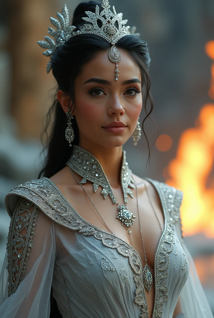 A Maria Elena Velasco Mexican actress and comedian, Character La India Maria in a silver dress stands in front of a fire, Characterizing itself, daenerys targaryen, Cinematic shot of the goddess's body, From the thrones, fantasy photoshoot, Cinematic Goddess Shot, Game of Thrones style, CGsociety inspired, Cinematic goddess close-up, queen of winter, ice queen, ice queen, Dragon Queen,