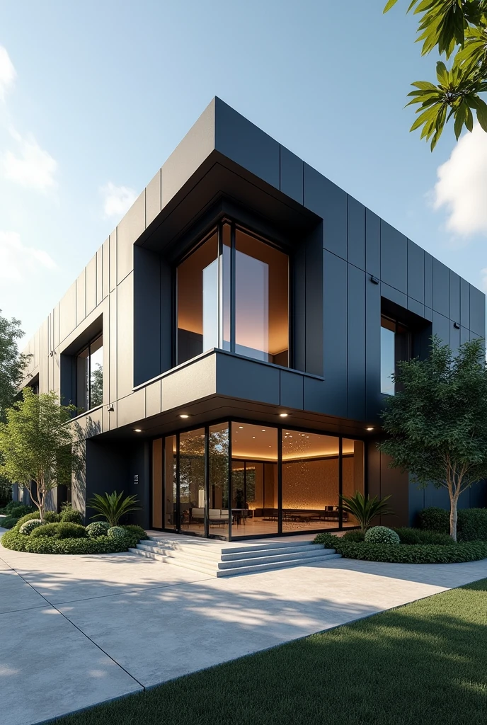 A two-story building that will house a football training center, modern architecture with the entrance in one of the corners, marked by a marquee. Modern materials, wide frames. Garden with landscaping around it.
