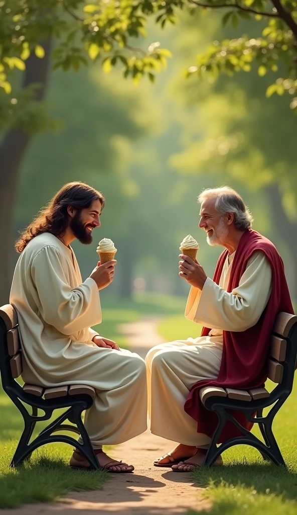 Jesus and a man having ice cream in a park sitting in separate benches opposite in the park bench opposite to each other surrounded by trees it is a walk through place having a good time laughing