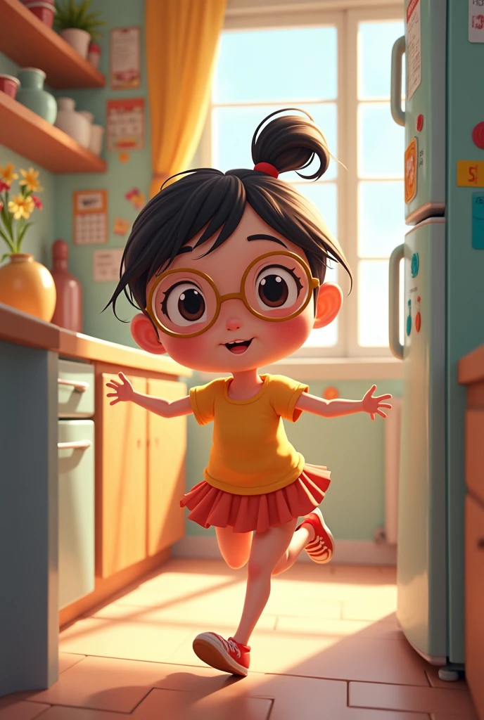 A town young girl with specs and tied hair in a ponytail wearing tshirt and mini skirt. She run into the kitchen