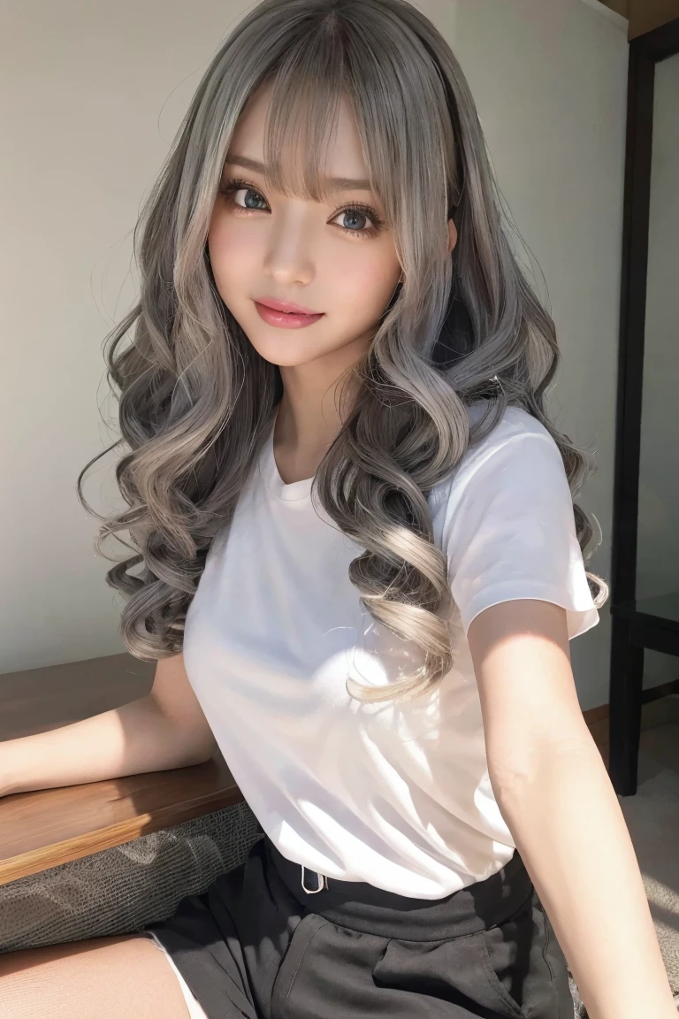 Selfie、Silver Hair、Big Eyes、smile、White camisole、Black shorts、Long Hair,Curly Hair,masterpiece、Highest quality、非常に精細な8k、Ultra HD、Very detailedな、Very detailed、とてもRealistic、Realistic、Japanese、One person&#39;S、High head rate、Beautiful realistic face、Realistic face in every detail、Attention to detail, Realistic Hair、Beautiful and realistic hairstyles、Beautiful and realistic eyes、hVery detailed realiStic eyeS、Proportional eyes、HVery detailed pupilS、Very detailedリアルな自然な眉毛、Very detailedリアルな唇、 Beautiful and realistic lips、Pink lipstick、Sexy lipS、Realistic and well-proportioned breaStS、Realistic medium Sized breaStS、Slim AbS、Very detailed皮膚、Ultra-high resolution,8k,Realistic、 Perfect Sentence, Detailed lighting, Dramatic ShadowS, Ray Tracing, 1 person, Looking at the audience、Hotel Bedroom