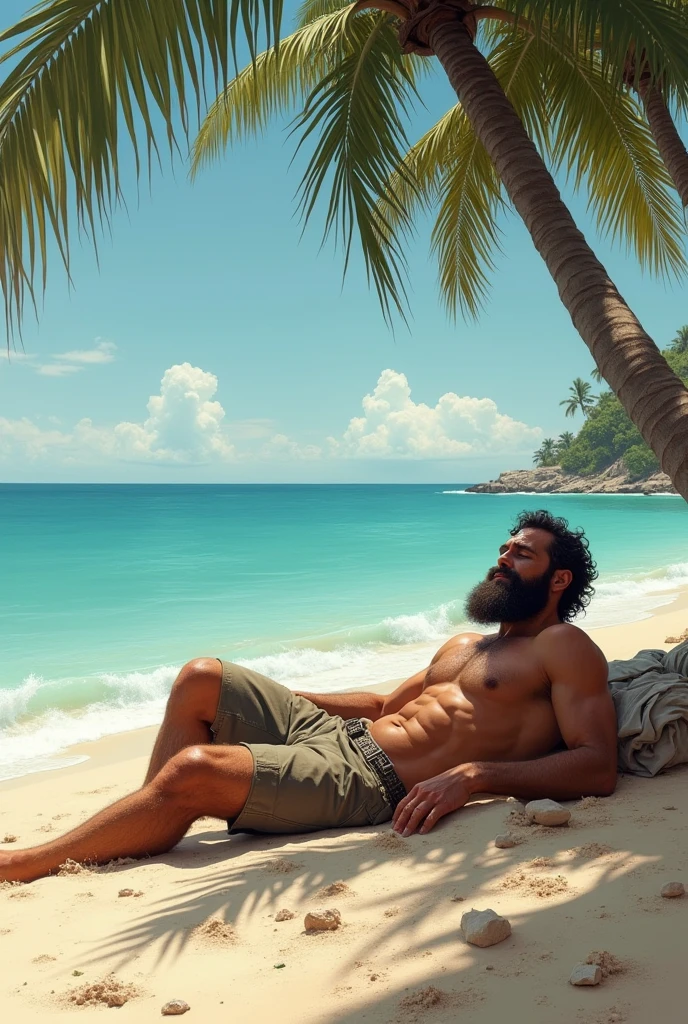 Bearded man lying on the sand on a desert island