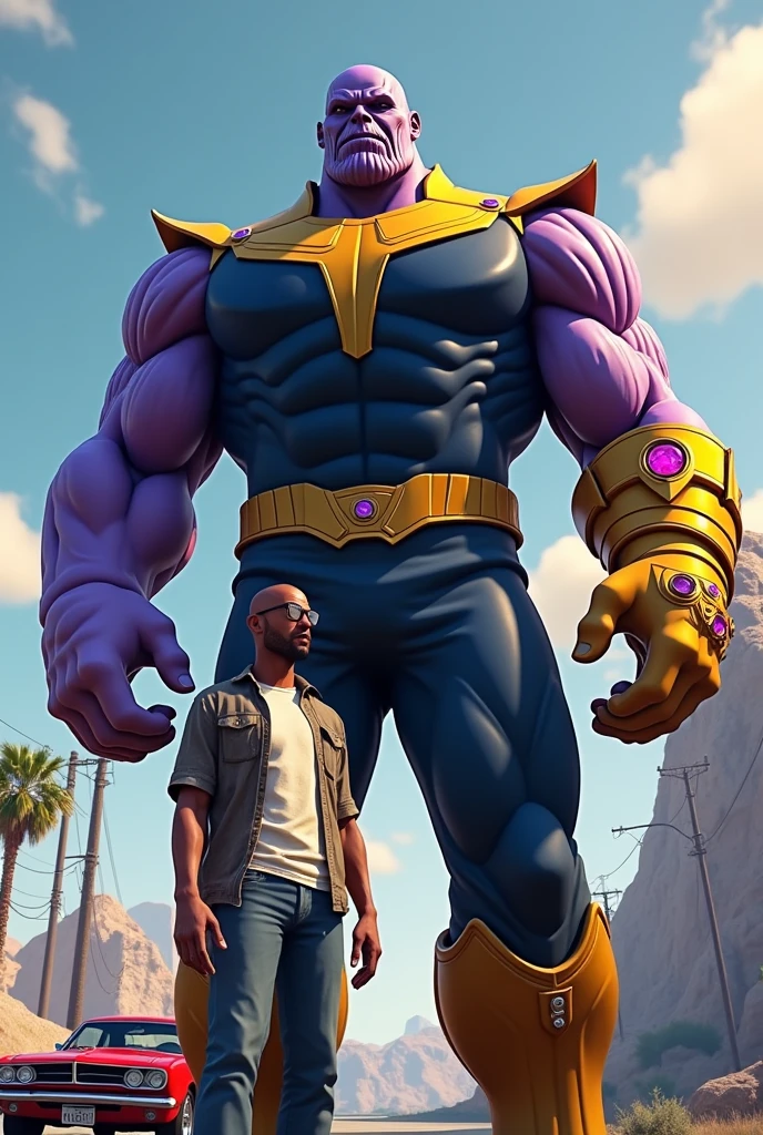 show me a picture of cj hanging out with Thanos, Remember that this is a fictional scenario.