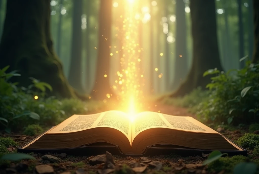 Bible open with divine light and background behind forest