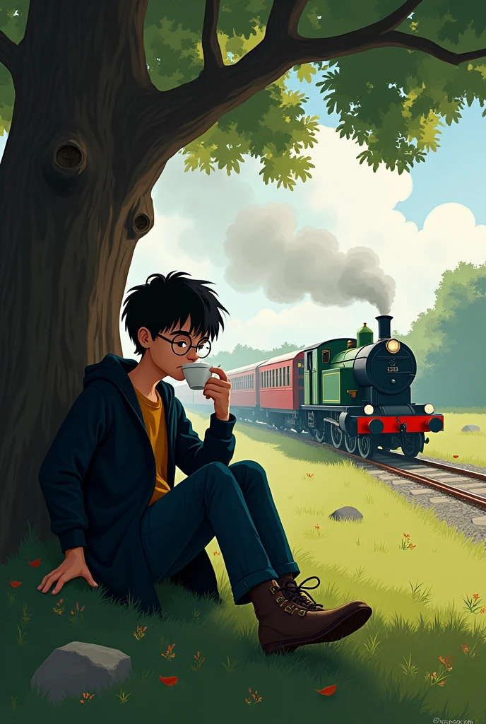 Harry potter is drinking tea under a big tree while a train passes behind him.