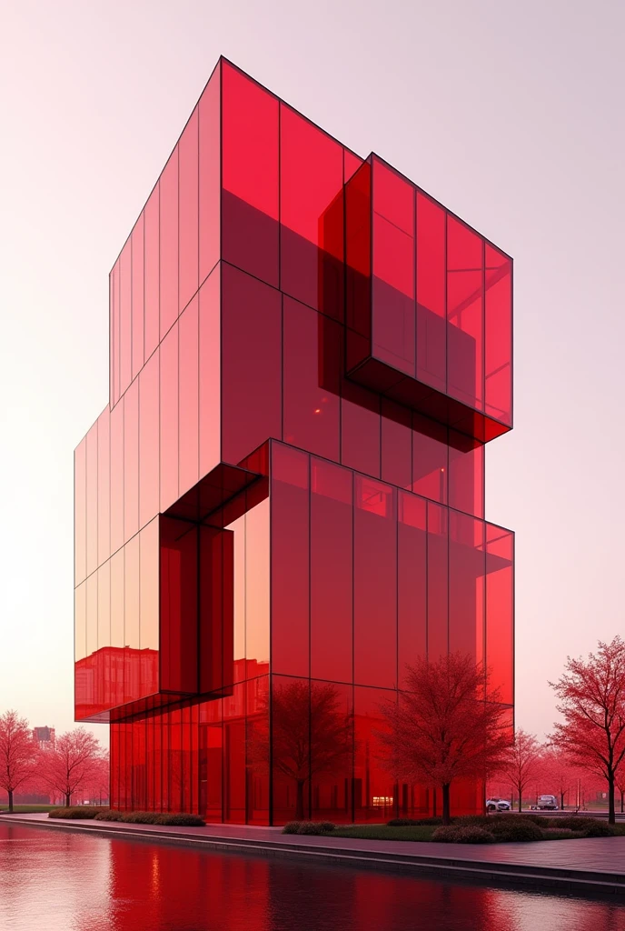 A red building with different shades of red glass on it and is not surrounded by other buildings