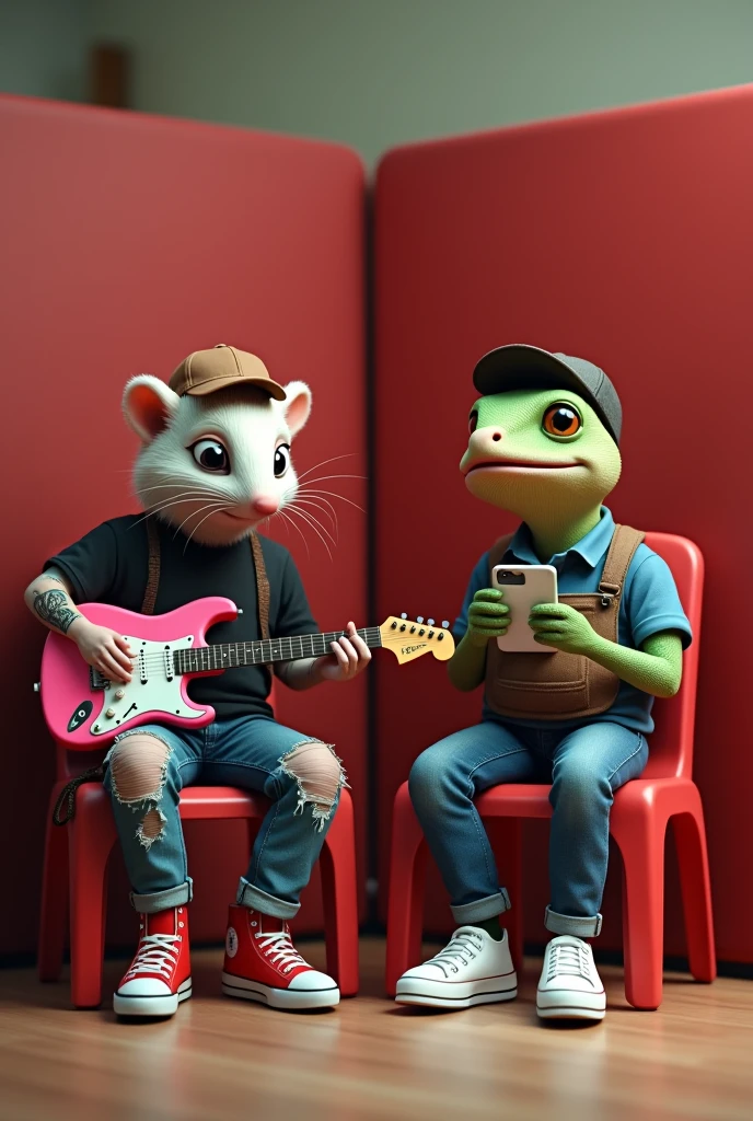Generate for me an image of a humanized possum sitting on a red plastic chair next to a wall behind him wearing red tennis shoes, blue jeans torn at the left knee, wearing a black short-sleeved shirt and on his right hand he has a tattoo of a dog with mange, also wearing a brown cap and playing a pink guitar, and next to him on another red chair is a humanized lizard wearing white tennis shoes, blue jeans, a fanny pack around his waist, a blue shirt, a little beard and mustache, and using an iPhone behind them a red partition wall.