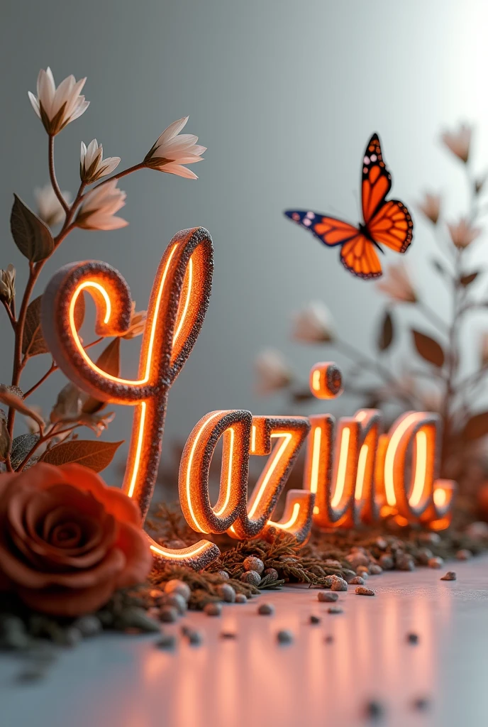 A captivating 3D rendering showcases the name "Lazina" in exquisite, swirling black and brown lettering. The elegant typography is illuminated from within, emitting a warm, inviting glow that envelops the scene. A vibrant brown rose is nestled next to the name, while a delicate butterfly flutters nearby. The soft, light grey background accentuates the stunning name design, creating a sophisticated and modern atmosphere.