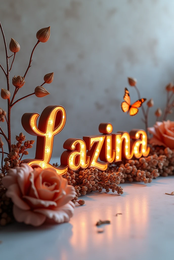 A captivating 3D rendering showcases the name "Lazina" in exquisite, swirling black and brown lettering. The elegant typography is illuminated from within, emitting a warm, inviting glow that envelops the scene. A vibrant brown rose is nestled next to the name, while a delicate butterfly flutters nearby. The soft, light grey background accentuates the stunning name design, creating a sophisticated and modern atmosphere.