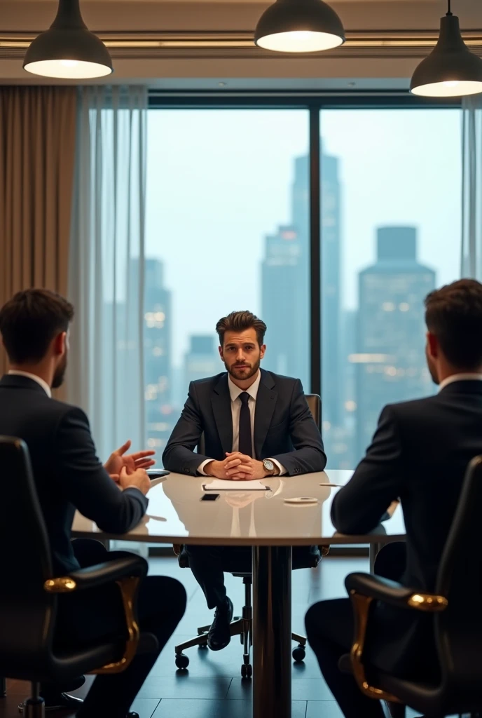 A young ambitious young rich man living his life in his office having a meeting