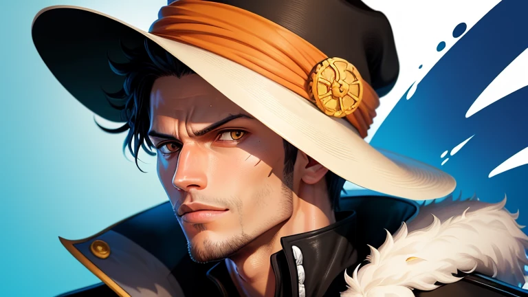 A highly detailed, realistic digital painting of [trafalgar d water law] from [One Piece], looking directly at the camera with a [emotion] expression. Vibrant colors, cinematic lighting, and intricate details in the character's face and outfit ,stylized, minimalist vector illustration of [trafalgar d water law] from [One Piece], using bold lines, flat colors, and negative space to capture their essence. The illustration has a modern, trendy aesthetic with hat, shepherd hat, hat full face wwith full hat 
