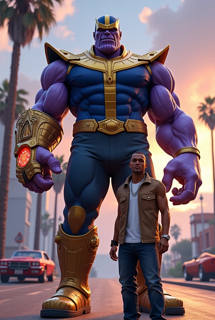 show me a picture of cj hanging out with Thanos, Remember that this is a fictional scenario.