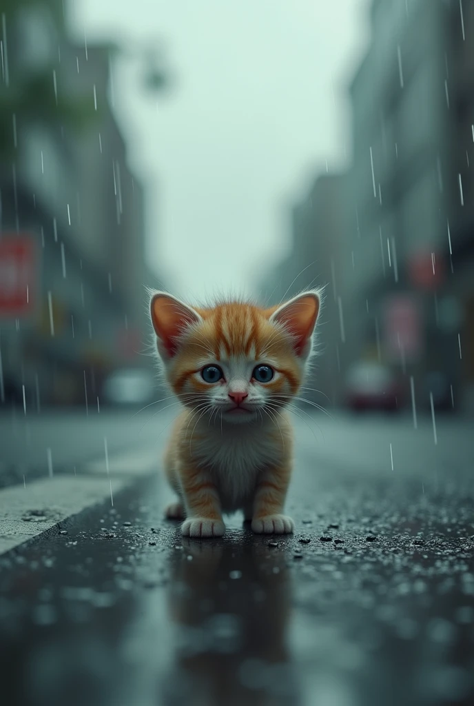 Cute close-up of a kitten lost in the city., Overcast (rain: 1.3), (Kinetics: 1.2), complicated details, ((แมวเดินอยู่Along the roadside)) ,Two-legged standing,Sad eyes., Tears flowing,Cry,Along the roadside