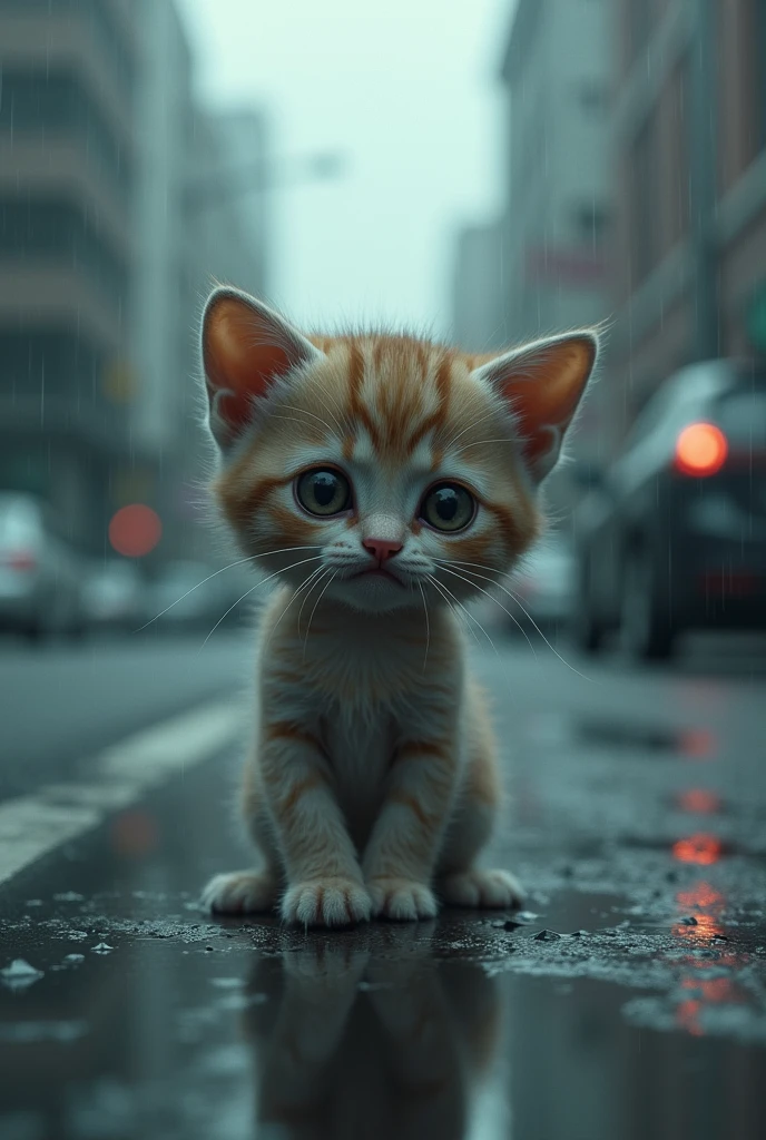 Cute close-up of a kitten lost in the city., Overcast (rain: 1.3), (Kinetics: 1.2), complicated details, ((แมวเดินอยู่Along the roadside)) ,Two-legged standing,Sad eyes., Tears flowing,Cry,Along the roadside