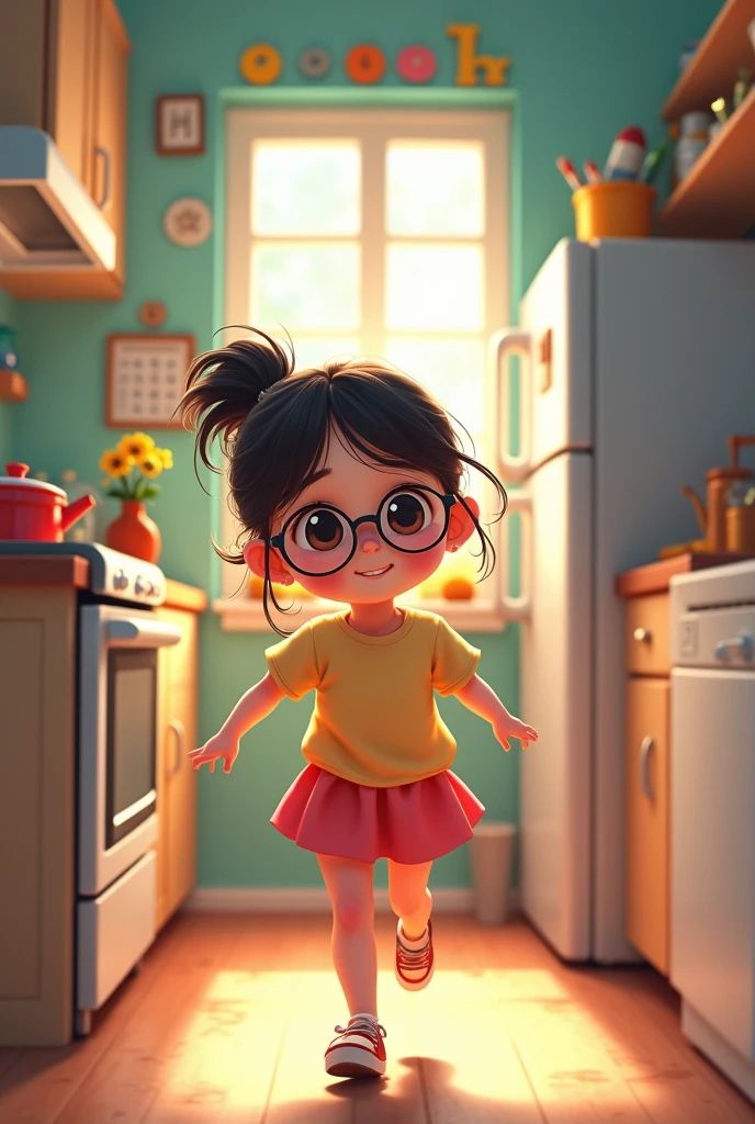 A town young girl with specs and tied hair in a ponytail wearing tshirt and mini skirt. She run into the kitchen