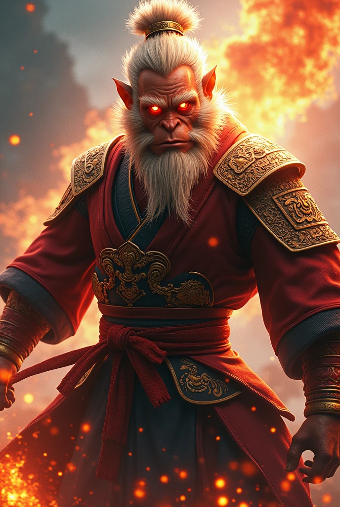 Black myth,sun woukong, monkey king, in a samurai suit , holding Ruyi Jingu Bang ,hyper detailed , unreal - engine , flaming eyes glowing detailed colorful background masterpeice, 
Spike hairs and beard 