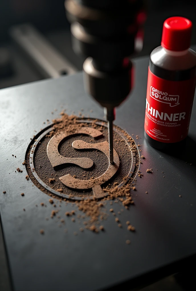 A visually striking cover design where a powerful tool, such as a drill or engraving tool, is actively carving the logo of Grupo Solquim into a solid surface, like metal or wood. The logo appears partially completed, with fine details and shavings visible around the carved area, emphasizing the precision of the work. To the side of the scene, prominently positioned, is a bottle of Thinner with a red label, featuring legible text displaying the product name 'Thinner' and the Grupo Solquim logo. The bottle stands upright, slightly angled towards the logo being carved, as if it's part of the process. The background is simple and neutral, ensuring all attention is on the action of the tool and the Thinner bottle. The lighting casts dramatic shadows, highlighting the depth of the carving and the glossy finish of the Thinner bottle, creating a cohesive and powerful visual narrative.