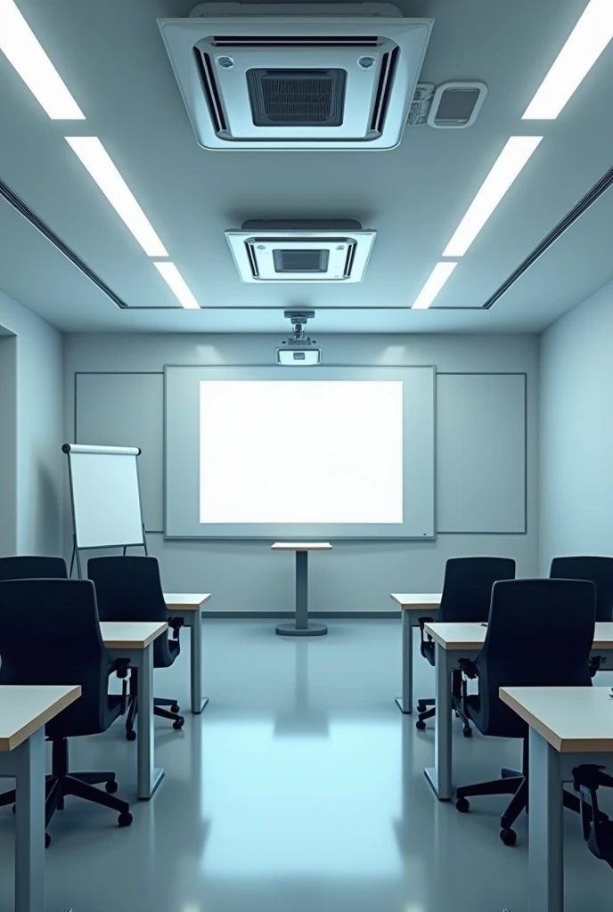 "A well-lit classroom with white fluorescent lighting. The room features a small whiteboard mounted on a pedestal at the front. A projector displays a slide on the wall, casting a clear image. Ceiling-mounted air conditioners are visible, ensuring the room stays cool. The classroom is filled with modern desks, each equipped with monitors, creating a tech-savvy learning environment. The overall ambiance is professional and conducive to study."