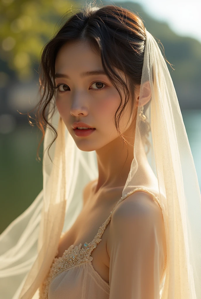 (Masterpiece), (very complicated:1.3), (realistic), Portrait of an Asian woman, The most beautiful in the world, (Beautiful, light, see-through nightdress), Reflection of white skin with light, upper body, outdoor, bright sunlight, distant castle, ภาพถ่ายมืออาชีพของผู้หญิงที่Amazingอย่างละเอียด, Sharp focus, Amazing, won, movie light, Octane makes the engine unreal., Volume dtx, (Film texture, blurred background, The foreground is blurry., Bokeh, depth of field, sunset, Motion blurred image:1.3), chain letter