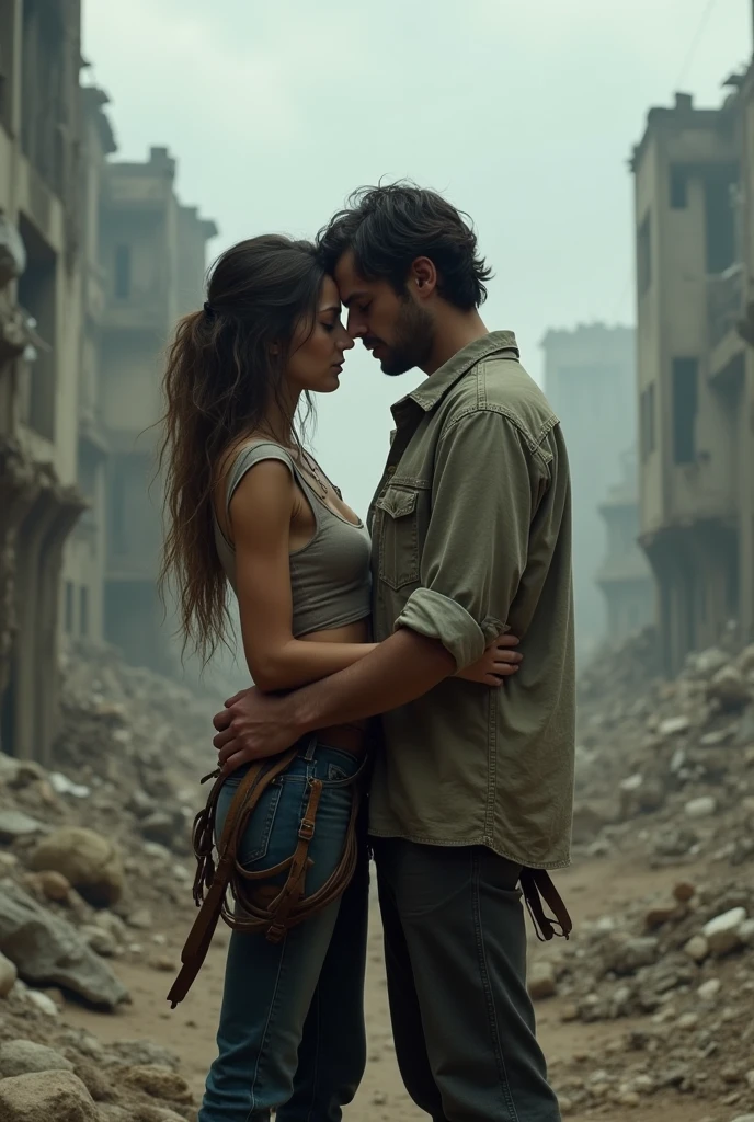 Couple avec des vêtements dechirés et les cheveux sales dans un terrain vaste s'éfondrant autour d'eux, ils se font un dernier baiser sachant qu'ils vont mourir