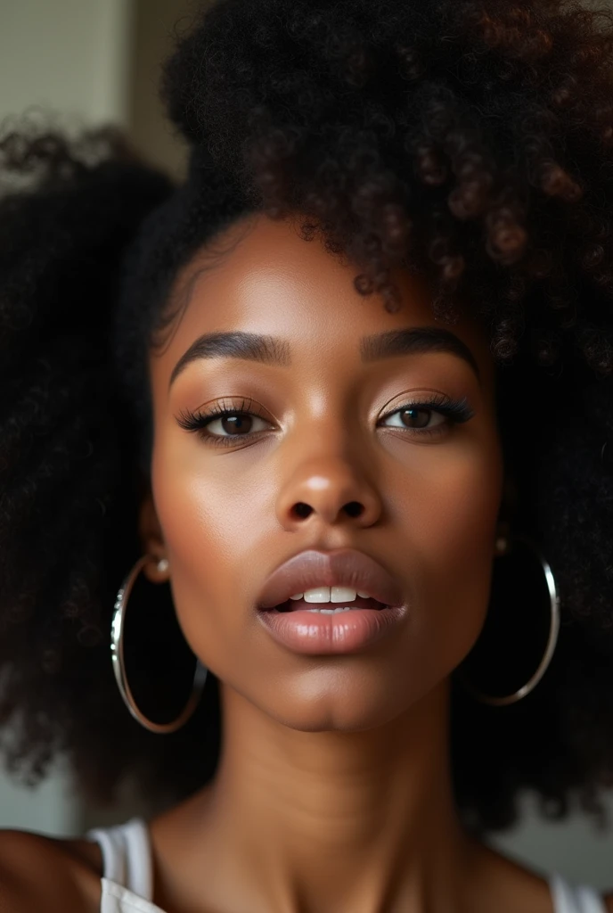 Realistic raw photo, Frontal close-up of a beautiful woman with a giant ass, long black afro curly hair tied up, big light brown eyes, small nose, perfect mouth with extremely full lips, natural face, naughty, excited and sensual face, texture and Highly detailed, hyper-realistic mulatta skin depth, superior quality, high resolution 8k uhd.