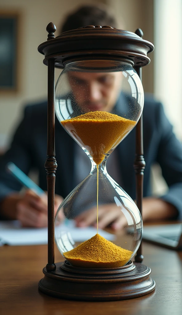 A close-up of a clock or hourglass in the foreground, with a person in the background organizing tasks, working diligently, or planning their day."
Make it vibrant and hyper realistic