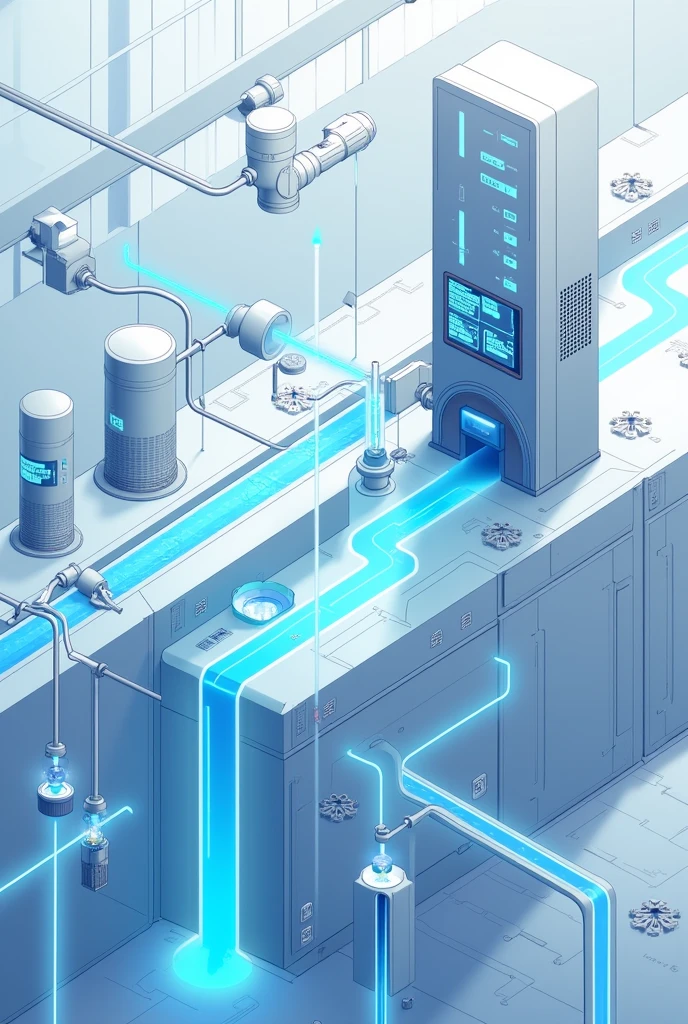 Create an image in which the moisture sensors sending the signal to the control system and control system sending the signal to the flow sensor show that the water can be controlled to the flow sensors