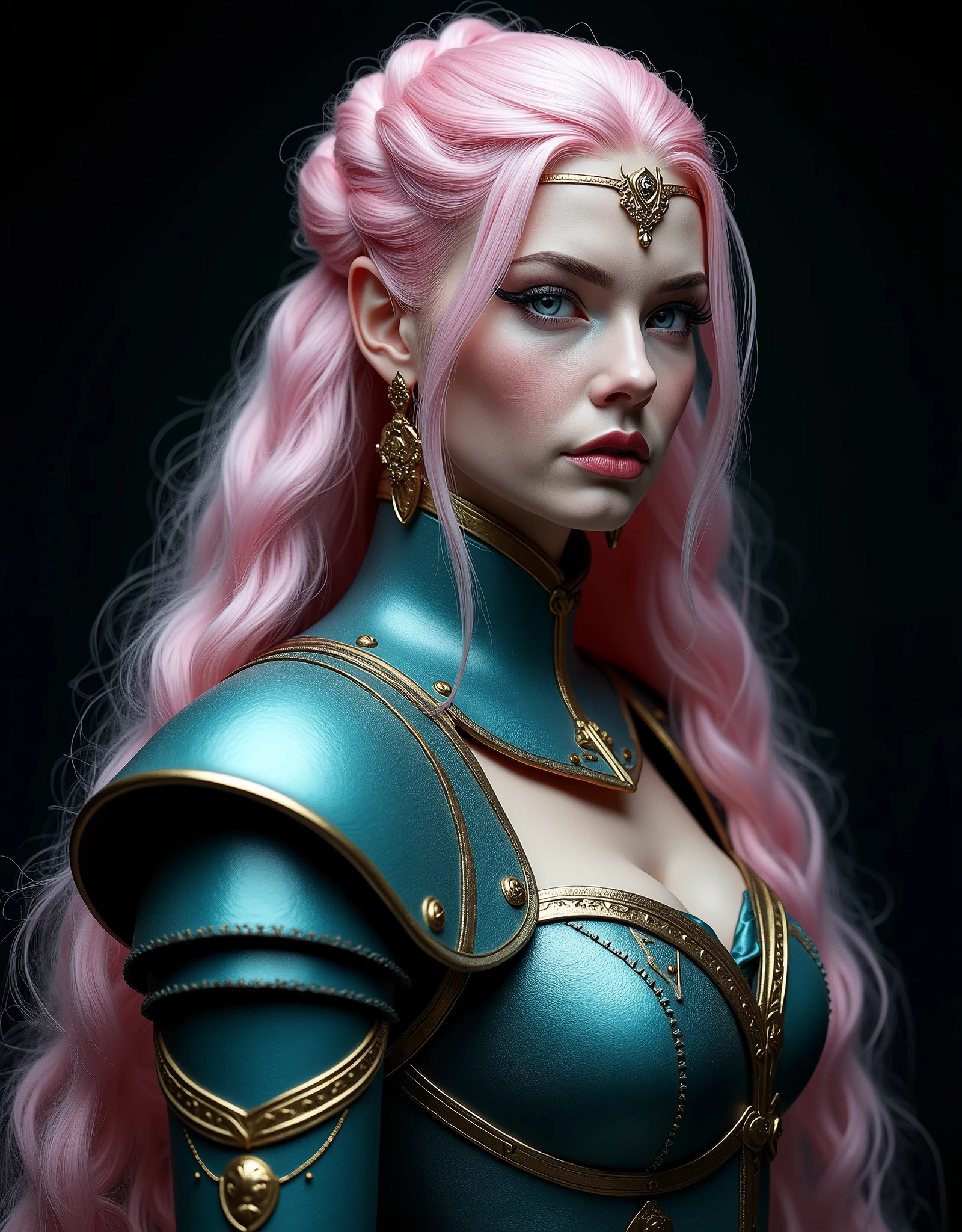 GORGEOUS VALKYRIE , WARRIOR WOMAN, BUST IMAGE STYLE, STUDIO IMAGE STYLE, BLACK INFINITE BACKGROUND, DIFFUSED LIGHTS ON FACE, BACK LIGHTS ON HAIR, LUMINOUS PINK BLUE HAIR, CLOSE FACE SHOT, HUGE LONG HAIR, HUGE STRAIGHT LONG HAIR, BRAID HAIR STYLE, PLATINUM EYEBROWS, VERY PALE SKIN, LUMINOUS SKIN, FEMALE FAIRY, TOLKIEN MITHOLOGY, EXPOSED LONG TIP EARS, HIGH CHEEKBONES, ROSY CHEEKS, GORGEOUS LIPS, SOFT LIPSTICK, GORGEOUS CURVY BODY, SOFT MUSCLES, VOLUMOUS BREASTS, BLUE GREEN ARMOUR, FULL BODY ARMOUS, FLAT BOOTS, NECK CLEAVAGE, LONG BRACELETS, GOLD DETAILS, GOLDEN HEADBAND , ENIGMATIC FACE EXPRESSION, SIDE FACE VIEW, EYES LOOKING UP, TOLKIEN MITHOLOGY, HIGH QUALITY IMAGE, MASTERPIECE, 8K