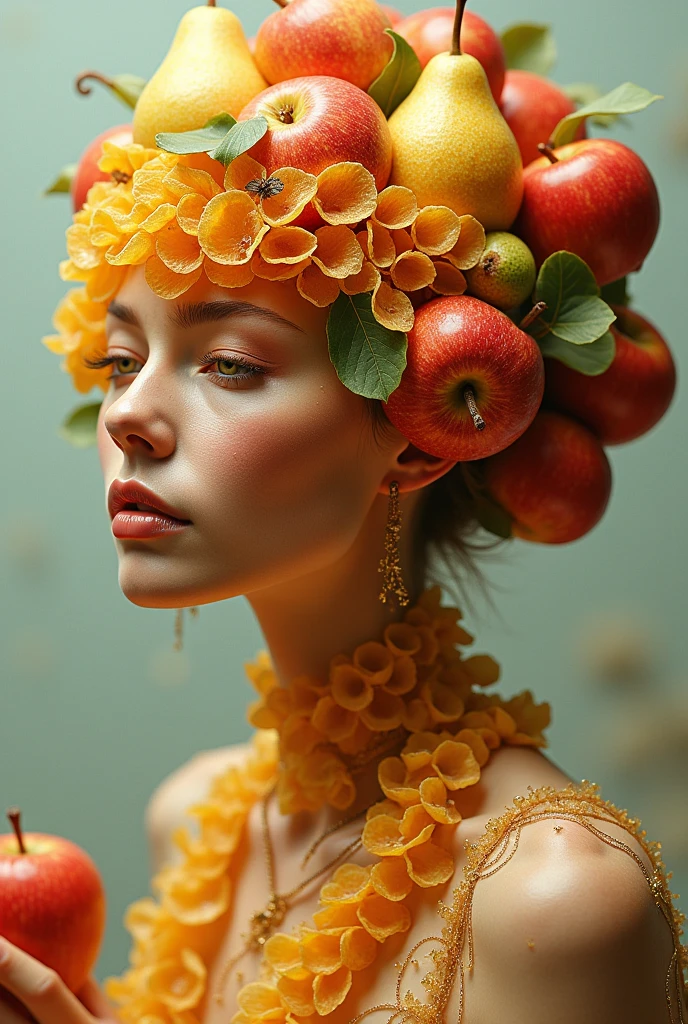 Surreal art of a woman made of pears, tangerine honeycombs, apples