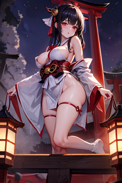 Girl in shrine maiden outfit, black hair, calm expression, late-night shrine, many charms, darkness, large torii gate, breasts, fog, bell, sexual