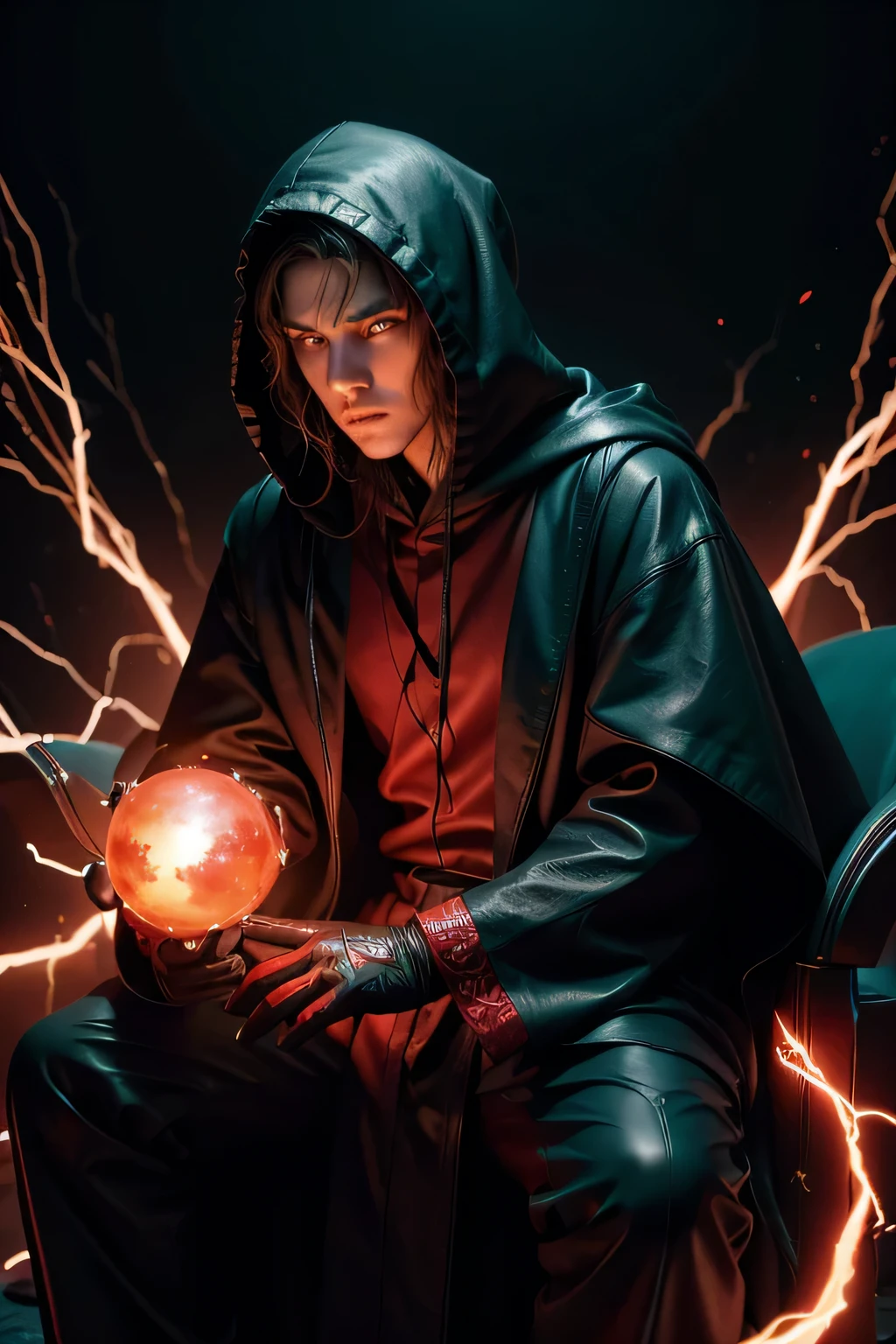 figure seated on his throne, flowing teal robes, hooded, olhos vermelhos Ablazes, face without identity, black leather gloves, red-bordered plasma balls on each side, red lightning, black and red gradient background, hyper realist, details Intricate, Ablaze, cinematic, engine unreal, art station, octane rendering
