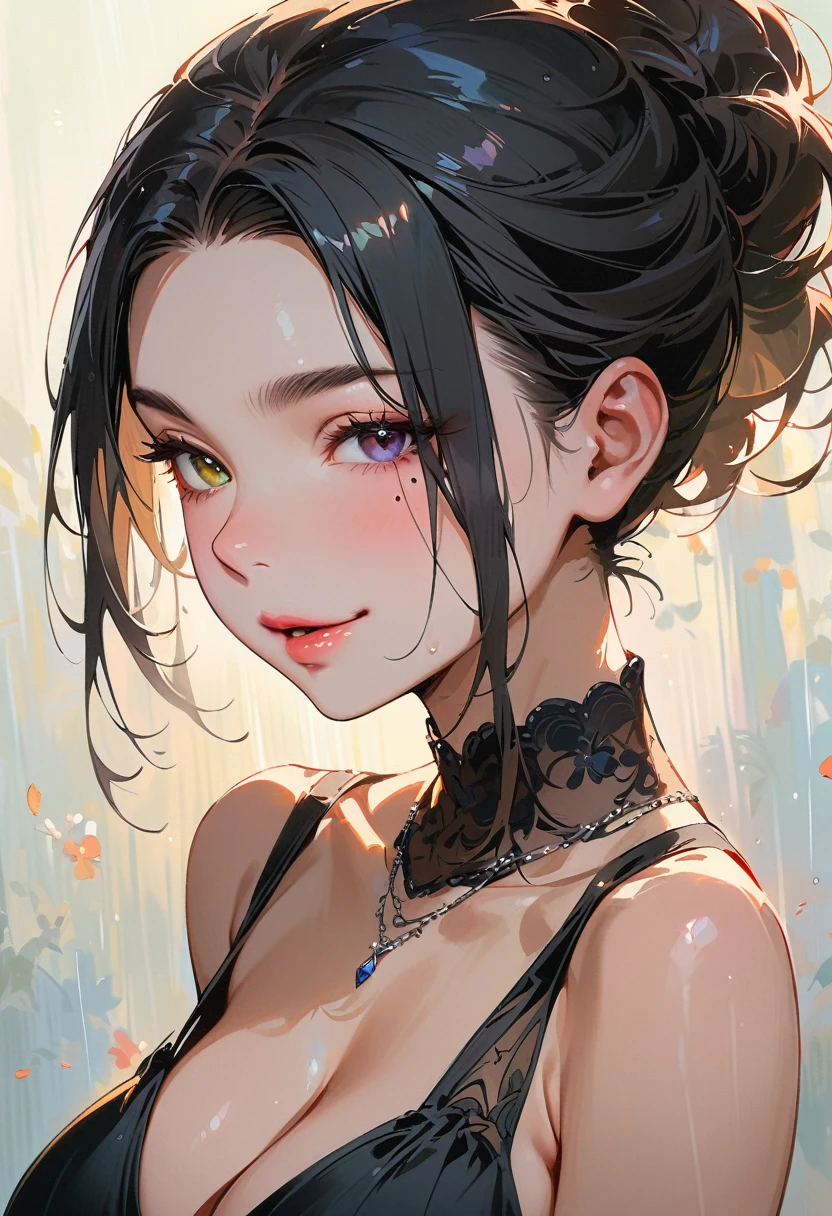 (masterpiece, best quality:1.4), 1 girl, 独奏, Heterochromia, Delicate pupils, Blurred eyes, Close your left eye, Smile, Profile,Tilt your head back 45 degrees, Right tear mole, (Black hair:1.2),  Shiny hairstyle, huge breasts, Mini Girls, Backlight, Rainy Day, Black Tulle Evening Dress, Works by top portrait painters, Black and white gradient background.