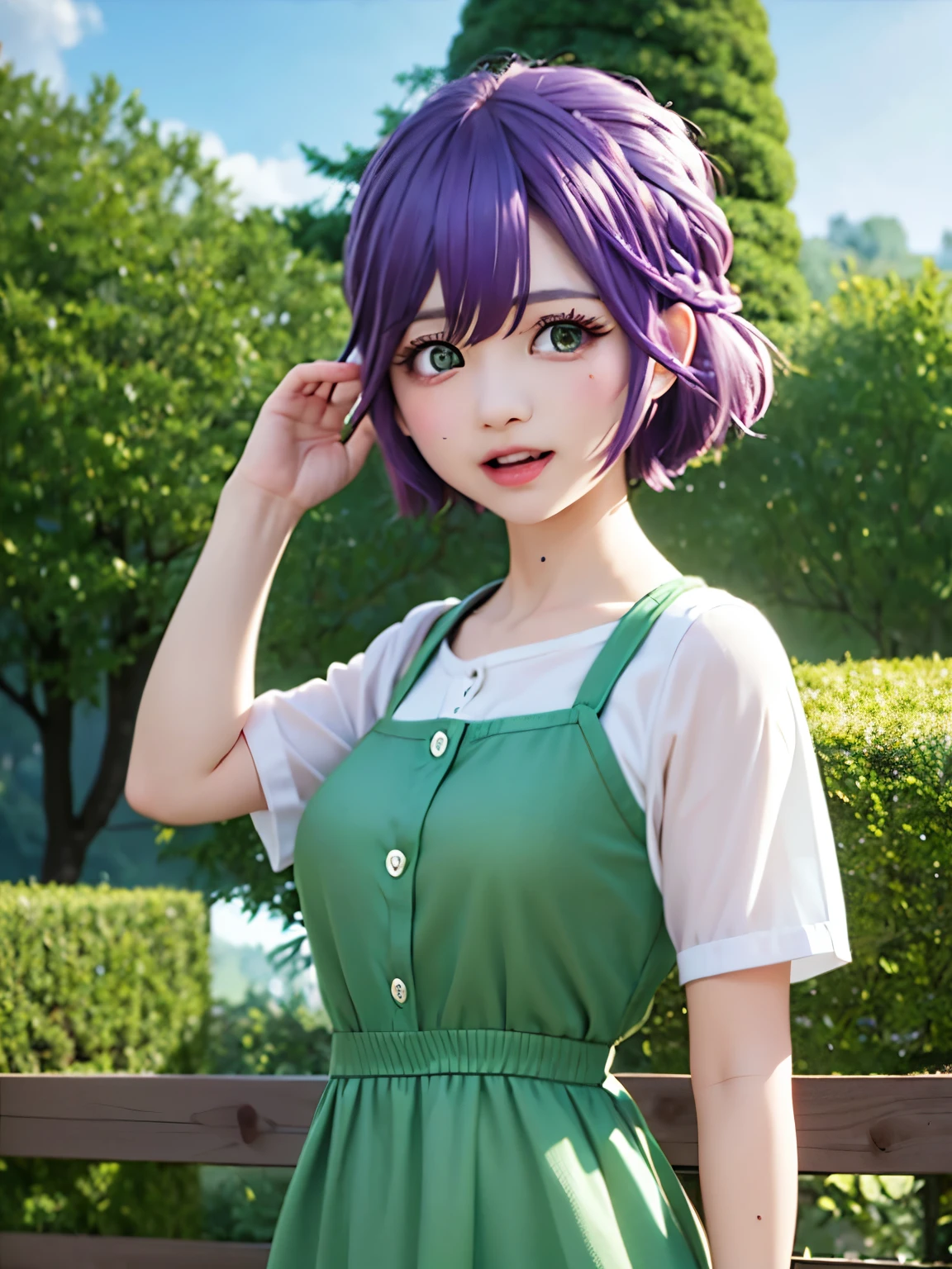 1 ,,cute,hiro_segawa, purple hair, green eyes, short hair, bangs, hair between eyes, braid, upper body,Short green dress ,standing in the kingdom,blush,Surprised expression 